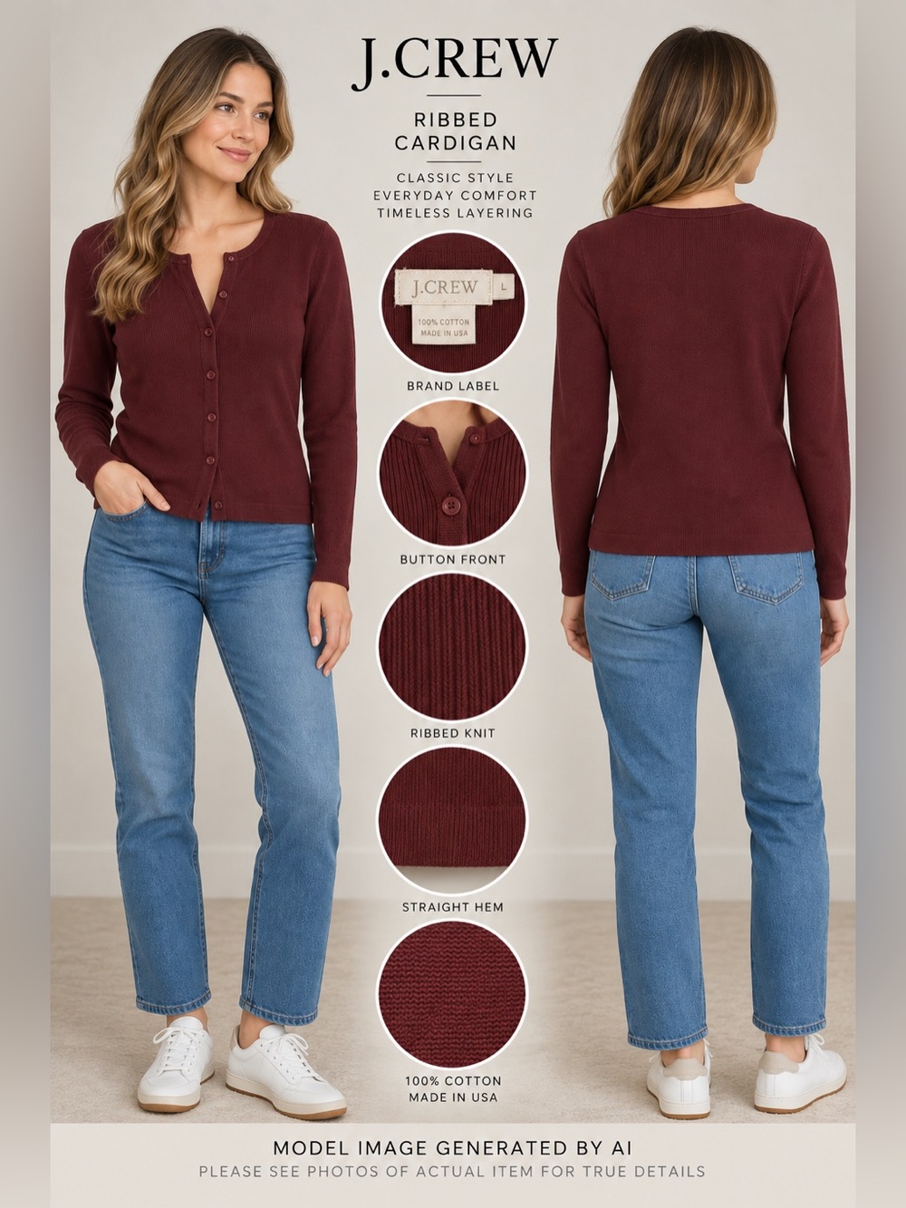 J.Crew Cotton Ribbed Button Front Cardigan Small Minimalist Preppy Layering Top
